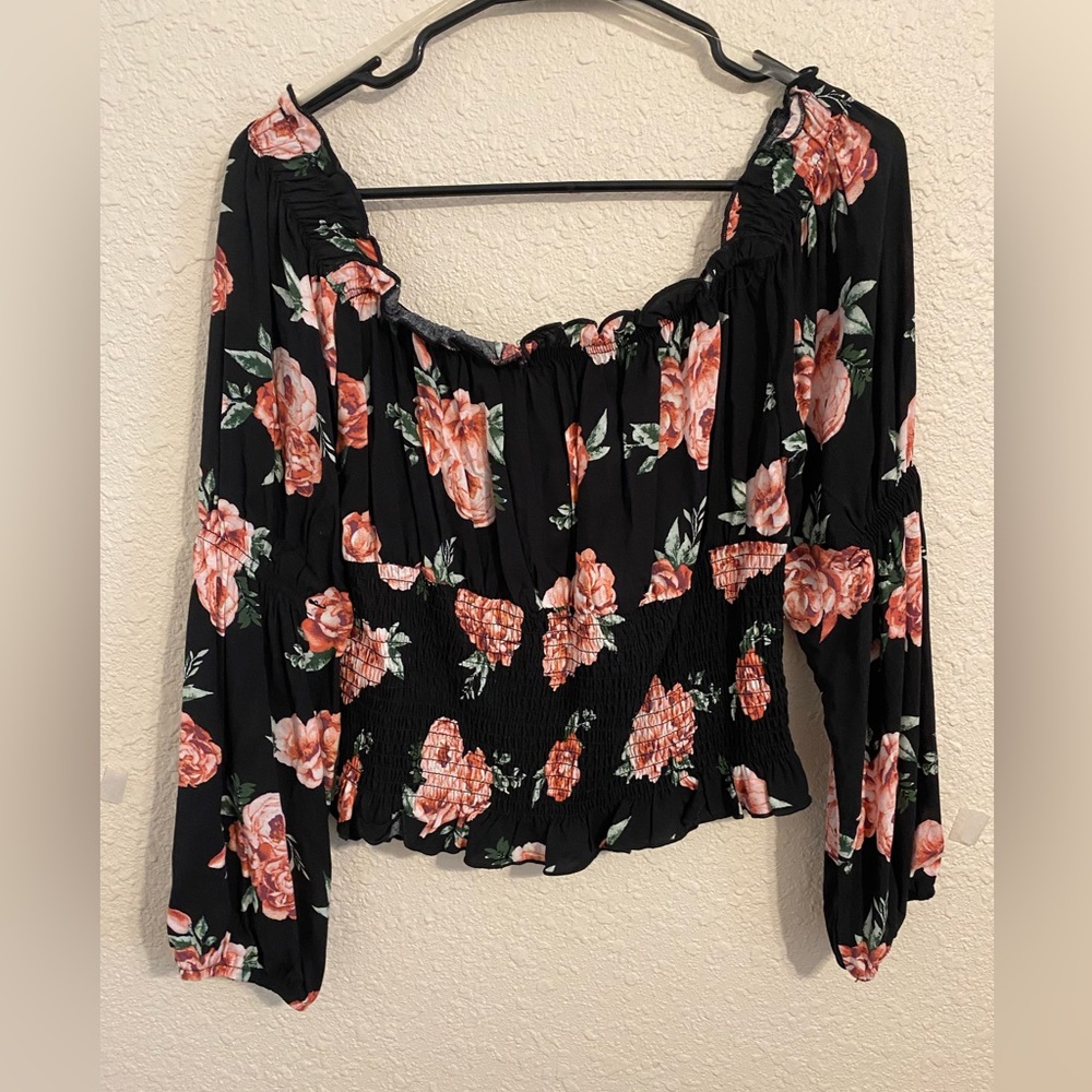 Almost Famous black blouse with gorgeous red flowers